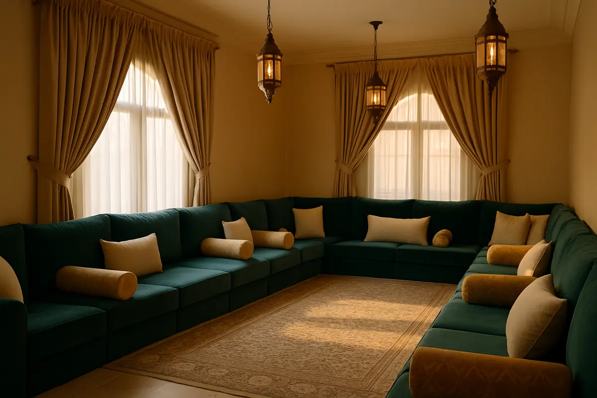 Majlis room with teal velvet seating