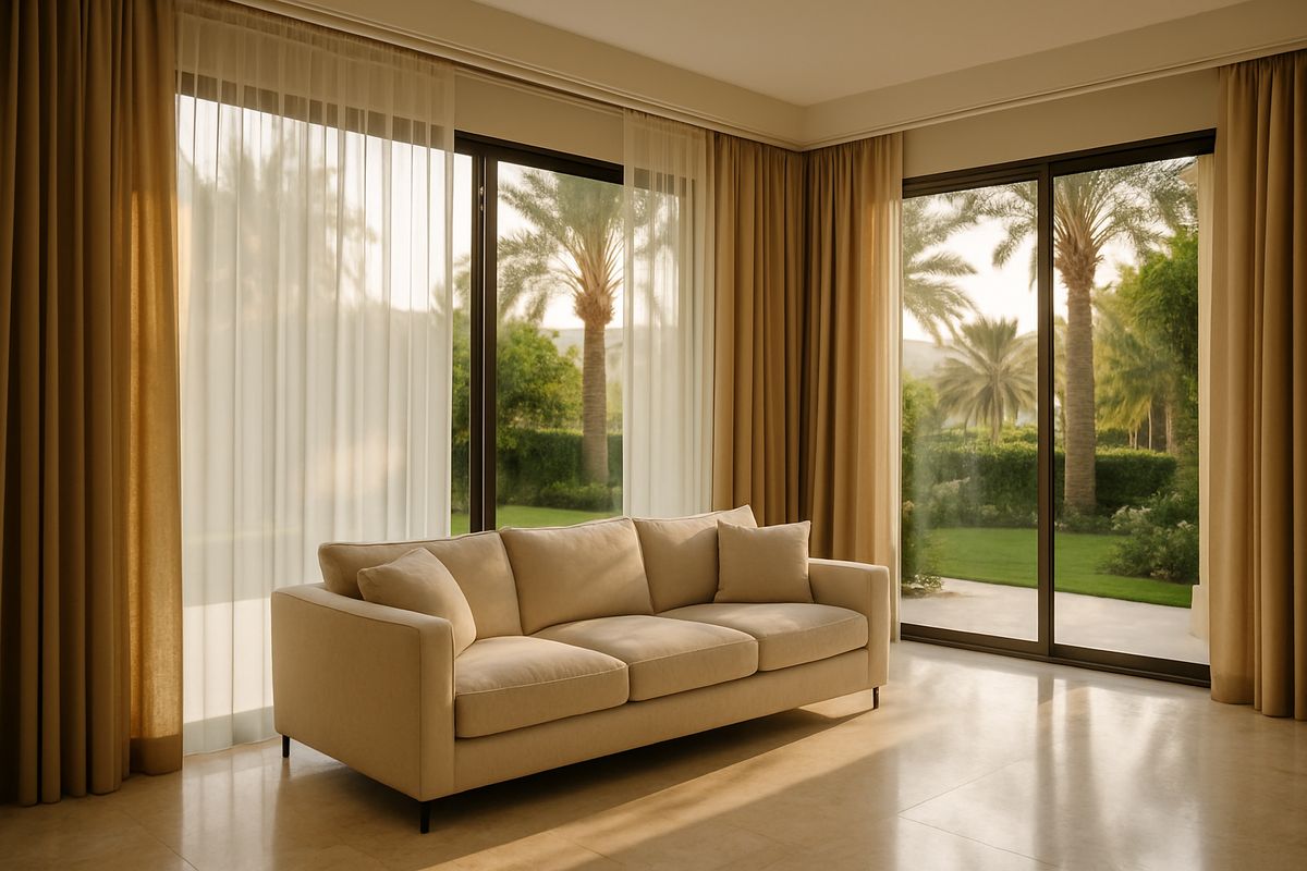 Dubai villa living room with layered sheer and linen curtains