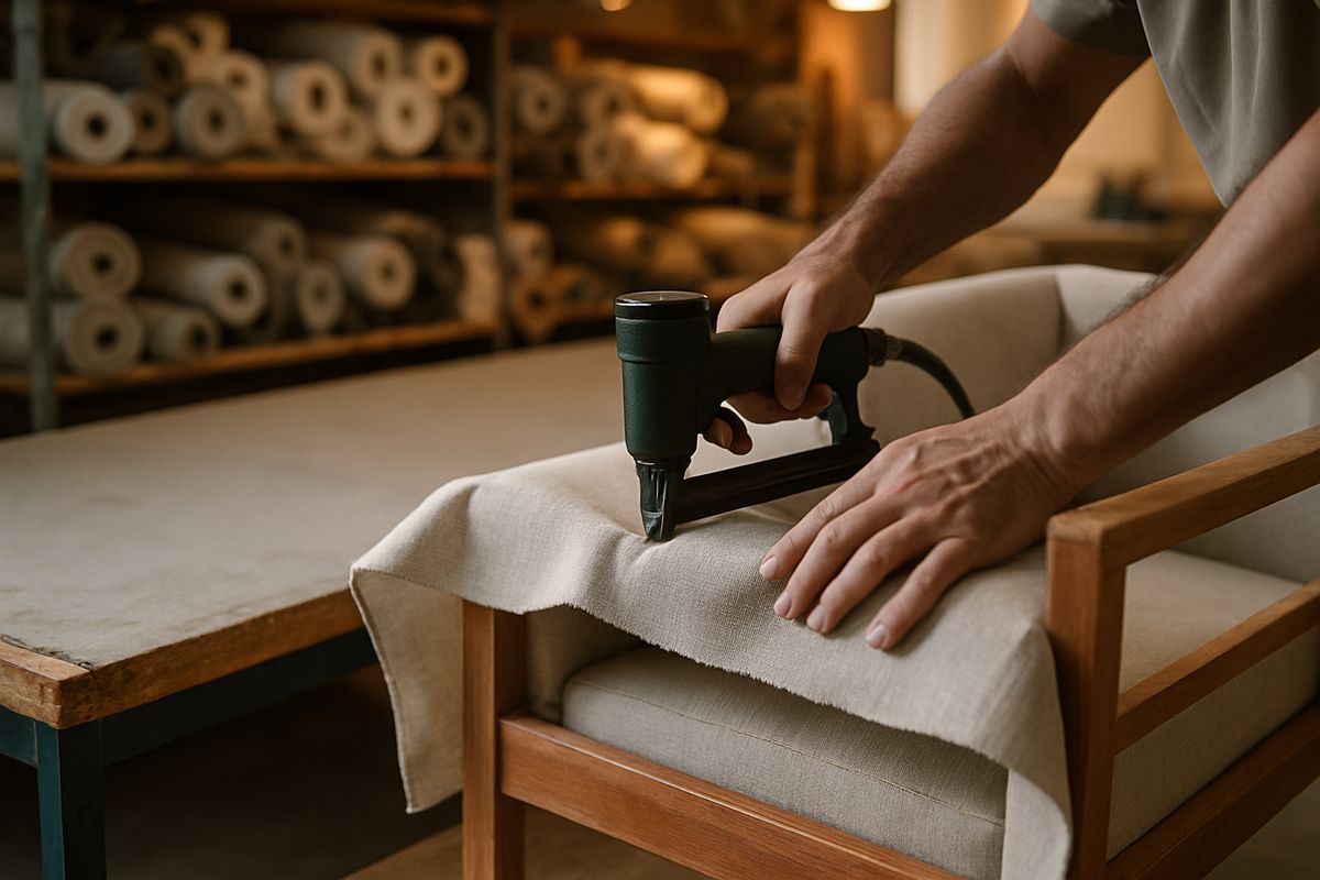 Upholsterer stretching linen over a hardwood frame